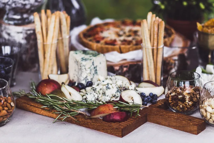 A grazing and charcuterie station set for a cocktail reception